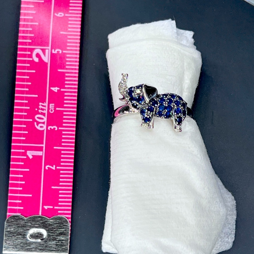 14k Effy white gold, sapphires, and white & champagne diamond elephant ring